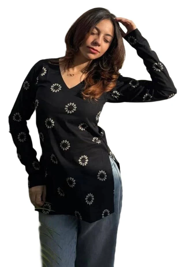 FELISIA Women's Rayon Floral Printed Full Sleeves V-Neck Short Kurti, Bell Sleeves, Short Kurti For Woman, Stylish Ethnic Top, Daily Casual Western &